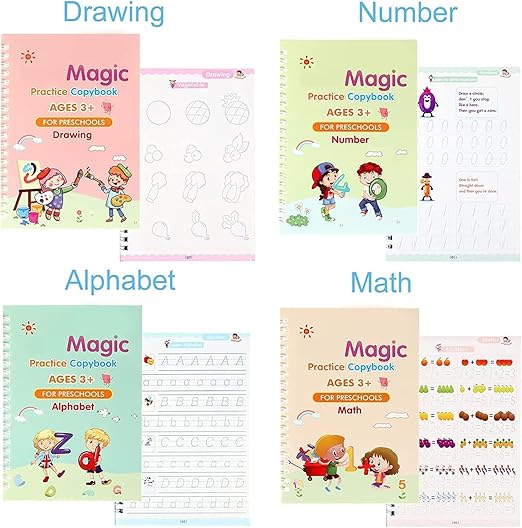 NEW Magic Copybook Set Writing Tool for Kids (4 BOOKS,1 PEN, 1 GRIP, 10 REFILL)