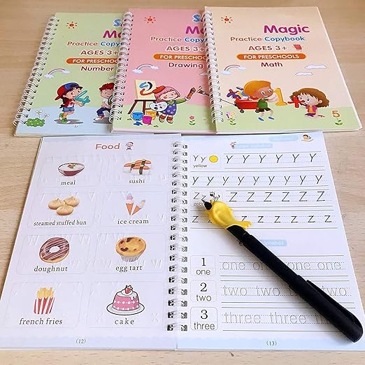 NEW Magic Copybook Set Writing Tool for Kids (4 BOOKS,1 PEN, 1 GRIP, 10 REFILL)